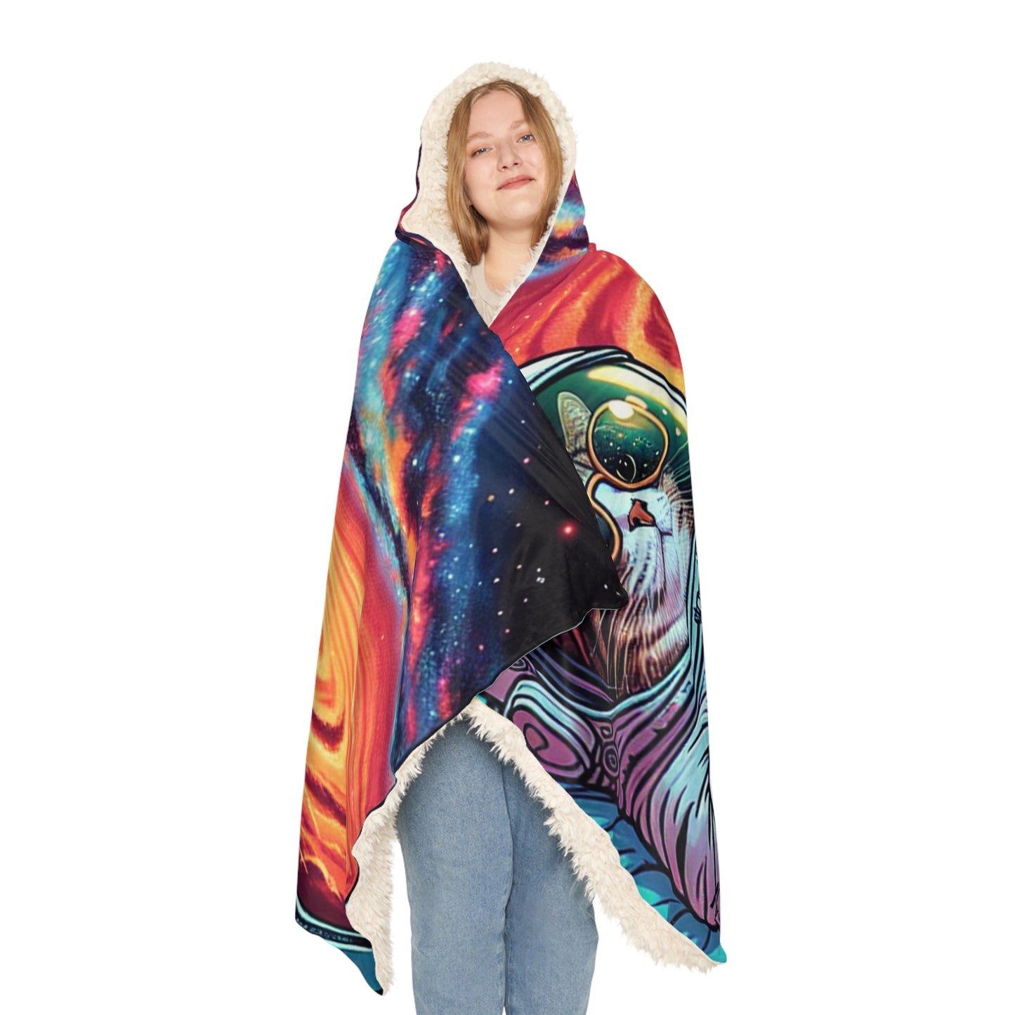 Cosmic Cat Hoodie Snuggle Blanket – Colorful Astronaut Cat Design for Cozy Evenings "Cosmicat" By ZabzLabz