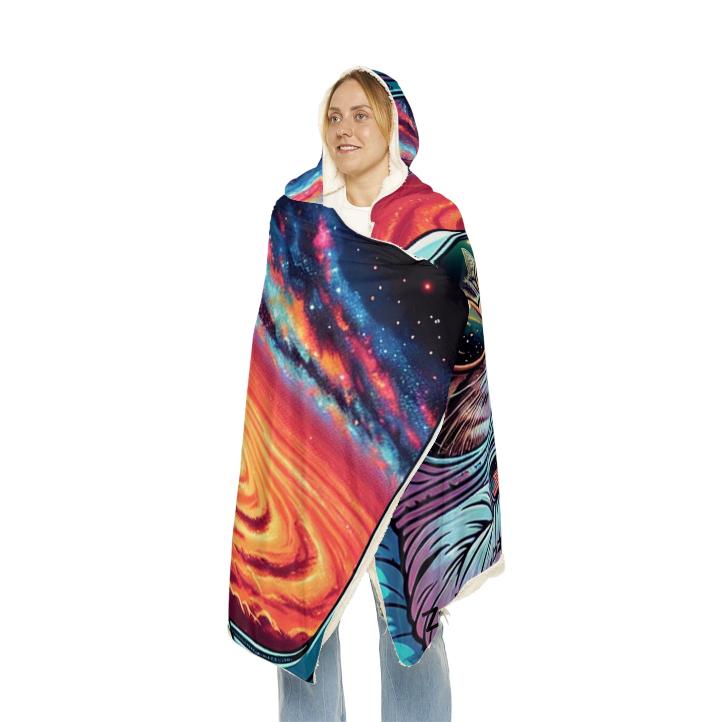 Cosmic Cat Hoodie Snuggle Blanket – Colorful Astronaut Cat Design for Cozy Evenings "Cosmicat" By ZabzLabz