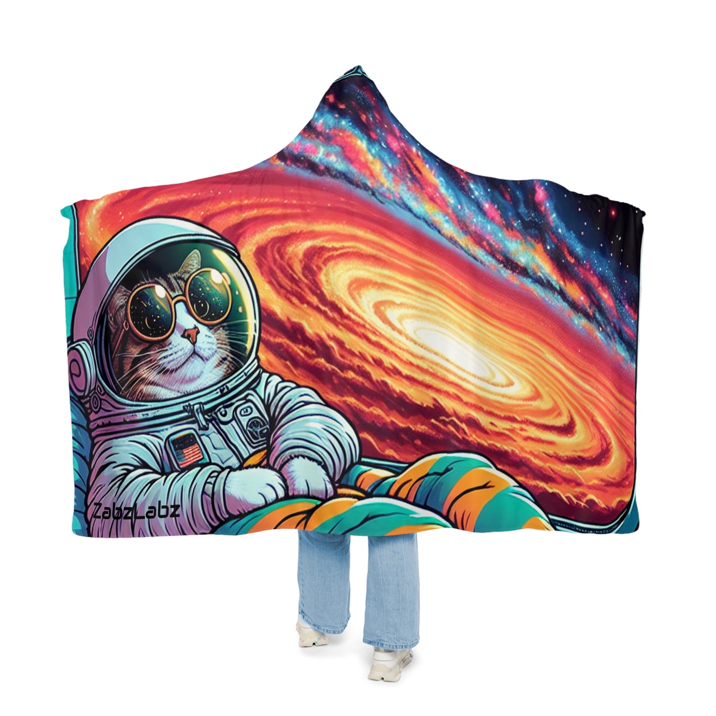 Cosmic Cat Hoodie Snuggle Blanket – Colorful Astronaut Cat Design for Cozy Evenings "Cosmicat" By ZabzLabz