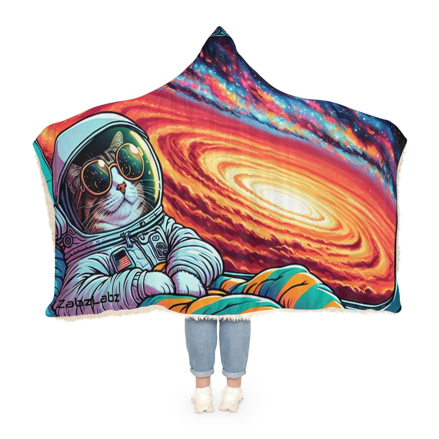 Cosmic Cat Hoodie Snuggle Blanket – Colorful Astronaut Cat Design for Cozy Evenings "Cosmicat" By ZabzLabz