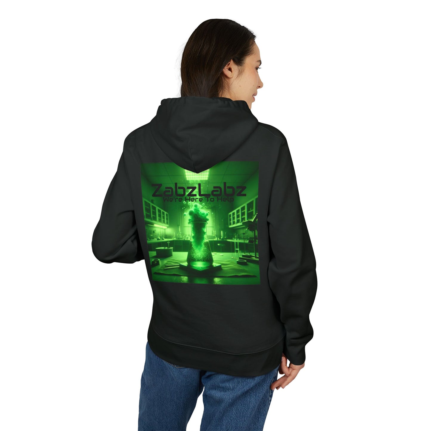 Green Beaker Graphic Hoodie- "We're Here To Help" By ZabzLabz